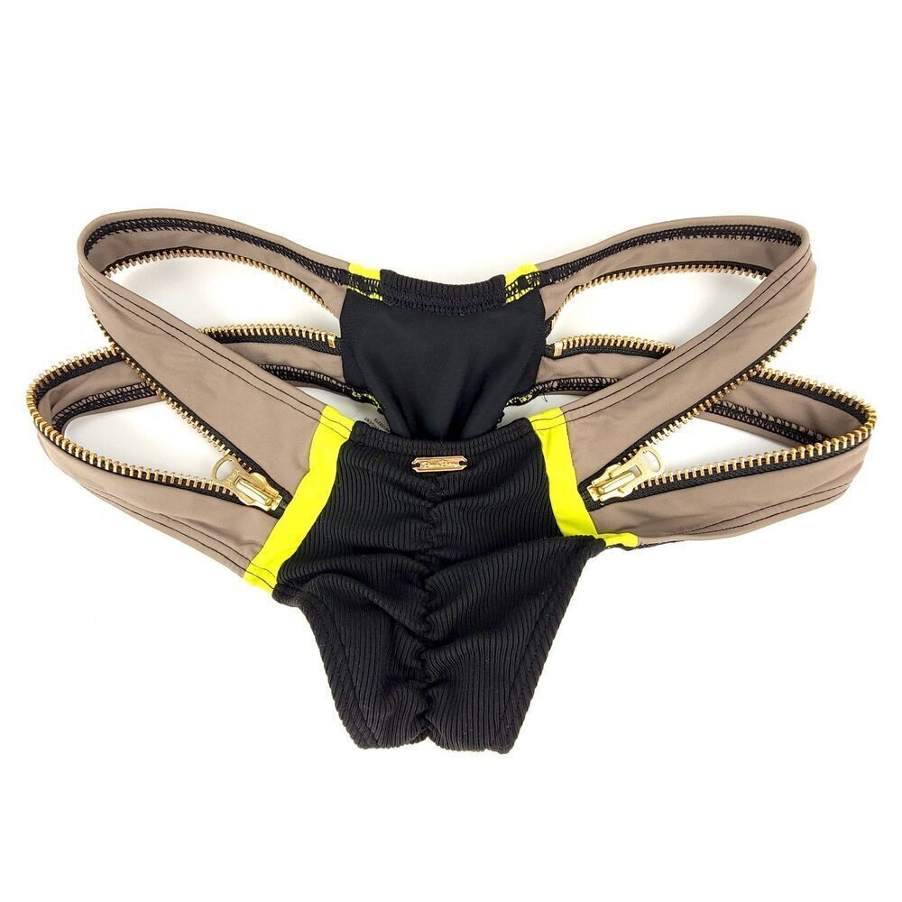 BEACH BUNNY Endless Summer Zipper Ruched Skimpy Bikini Bottoms Taupe Neon Green